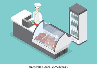 3D Isometric Flat Vector Conceptual Illustration of Butcher Shop, Meat Store Counter