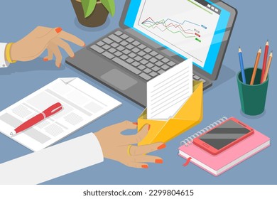 3D Isometric Flat Vector Conceptual Illustration of Businesswoman, Corporate Worker Workplace