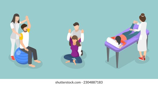 3D Isometric Flat Vector Conceptual Illustration of Physiotherapist, Massage Therapists at Work