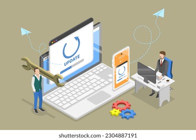 3D Isometric Flat Vector Conceptual Illustration of System Update, Setting up Computer