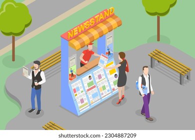 3D Isometric Flat Vector Conceptual Illustration of Newsstand, Press Kiosk