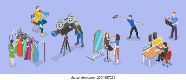 3D Isometric Flat Vector Conceptual Illustration of Cinema Production, Movie Making