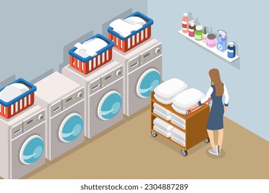 3D Isometric Flat Vector Conceptual Illustration of Hotel Laundry Staff, Cleaning Service