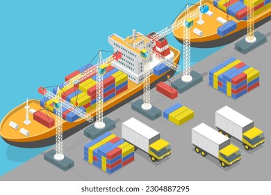 3D Isometric Flat Vector Conceptual Ilustración de Puerto Marítimo, Logística de Transporte