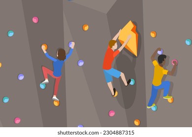 3D Isometric Flat Vector Conceptual Illustration of Climbing Wall, Mountain Rock Climbers