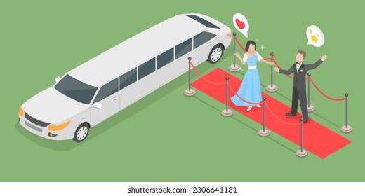 3D Isometric Flat Vector Conceptual Illustration of Celebrity, Limousine and Red Carpet