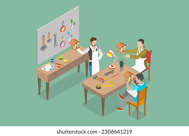 3D Isometric Flat Vector Conceptual Illustration of Carpenter Workshop, Woodwork Studio
