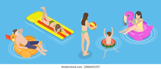 3D Isometric Flat Vector Conceptual Illustration of Summer Pool Activities, Beach Resort Fun Time