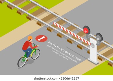 Isométrico Vector Plano 3D Ilustración conceptual de las reglas de ciclismo, parada antes de acercarse al tren