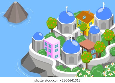 3D Isometric Flat Vector Conceptual Illustration of Greece Santorini, European Culture and Architecture