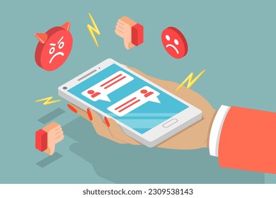 3D Isometric Flat Vector Conceptual Illustration of Angry Feedback, Online Dislike