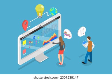 3D Isometric Flat Vector Conceptual Ilustración del Plan de Marketing Digital, Planificación Estratégica y Visión Empresarial