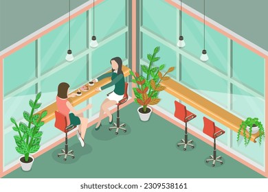 3D Isometric Flat Vector Conceptual Illustration of Females Having a Meal Together, Coffee House Indoor Interior