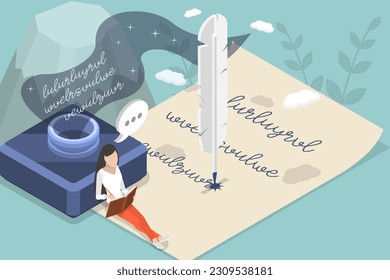 3D Isometric Flat Vector Conceptual Illustration of Poetry, Creative Arts Writing