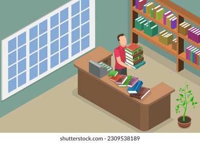 3D Isometric Flat Vector Conceptual Illustration of Bookstore or Libriary, Shelves and Books