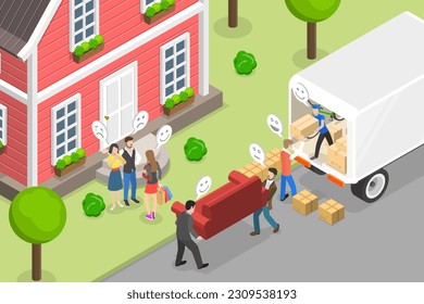 3D Isometric Flat Vector Conceptual Illustration of Relocation, Moving into New House