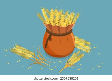 3D Isometric Flat Vector Conceptual Illustration of Ripe Wheat, Organic Farming Elements