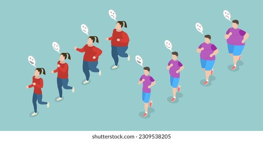 3D Isometric Flat Vector Conceptual Illustration of Running For Obese People, Stages of Loosing Weight