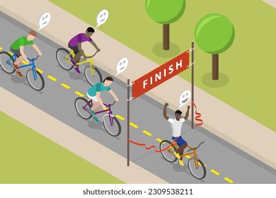 3D Isometric Flat Vector Conceptual Illustration of Cyclists Racing, Finishing Ride Competition