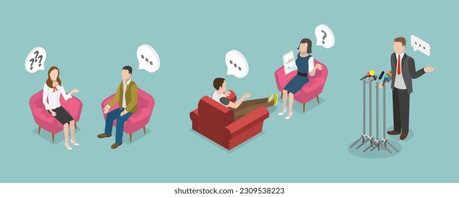 3D Isometric Flat Vector Conceptual Illustration of TV Interview, Celebrity Guest Talking