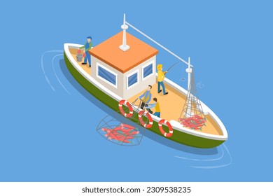 3D Isometric Flat Vector Conceptual Illustration of Commercial Fishery, Fishing Ship with Full Fish Net