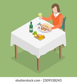 3D Isometric Flat Vector Conceptual Illustration of Woman Eating Dinner, Fish and Wine