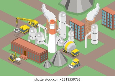 3D Isometric Flat Vector Conceptual Illustration of Cement Manufactoring, Concrete Factory