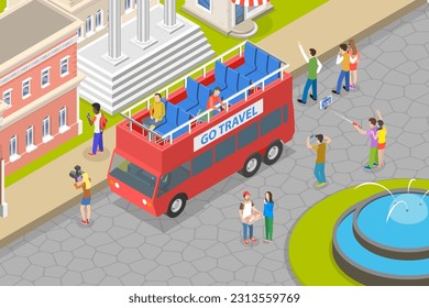 Isometric Vector plano 3D Ilustración conceptual de bus turístico, doble decker rojo