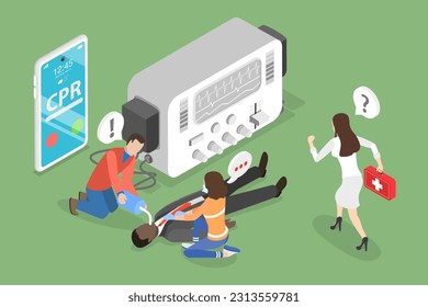 3D Isometric Flat Vector Conceptual Illustration of Defibrillator, Cardiopulmonary Resuscitation Cpr Emergency Procedure