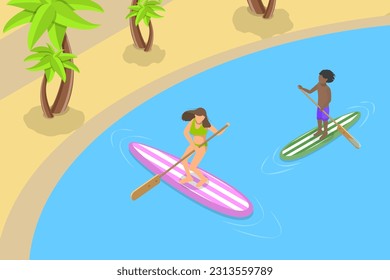 3D Isometric Flat Vector Conceptual Illustration of Sup Surfing, Stand Up Paddling