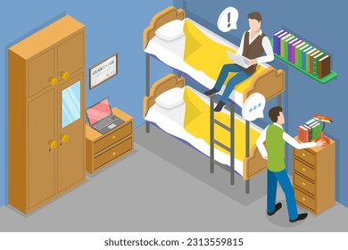 3D Isometric Flat Vector Conceptual Illustration of College Dormitory, Student Hostel