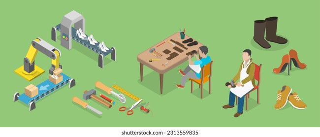 3D Isometric Flat Vector Conceptual Illustration of Leather Shoes Production, Shoe Making Process