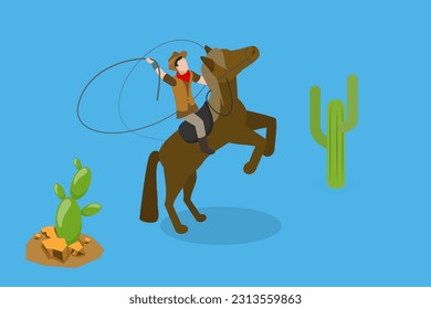 3D Isometric Flat Vector Conceptual Illustration of Wild West, Rodeo Cowboy Riding a Horse