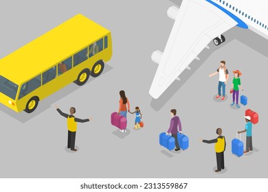 Vector plano isométrico 3D Ilustración conceptual del autobús del transbordador del aeropuerto, transferencia de terminales