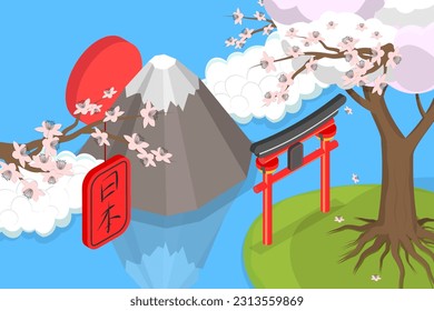 Vector plano isométrico 3D Ilustración conceptual del paisaje japonés con Monte Fuji, tarjeta de felicitación o pancarta