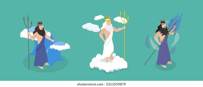 3D Isometric Flat Vector Conceptual Illustration of Ancient Mythology Heroes, Zeus, Poseidon and Hades