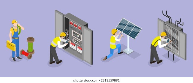 3D Isometric Flat Vector Conceptual Illustration of Electrical Utility Delivery, Electricity Workers