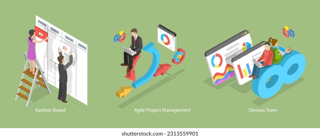 3D Isometric Flat Vector Conceptual Illustration of Software Development, Agile Management, Kanban and DevOps