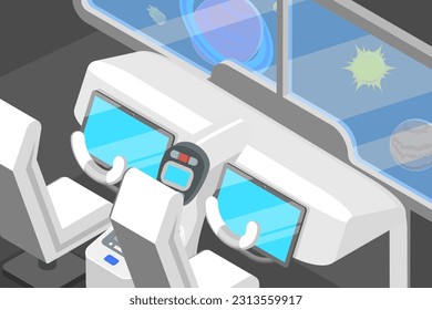 3D Isometric Flat Vector Conceptual Illustration of Spaceship Cabin Interior, Spacecraft Cockpit