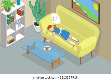 3D Isometric Flat Vector Conceptual Illustration of Sleeping Kid, Daytime Sleep