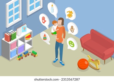 3D Isometric Flat Vector Conceptual Illustration of Babysitter, Childcare Service Worker