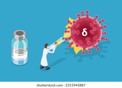 3D Isometric Flat Vector Conceptual Illustration of Virus Variant Immunity Escape, Immune Booster Shot