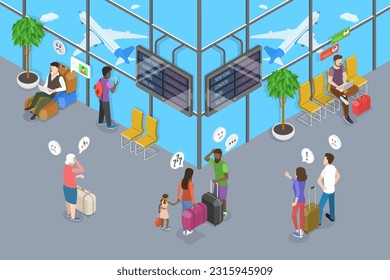 3D Isometric Flat Vector Conceptual Illustration of Cancelled Flight, Upset, Disappointed People