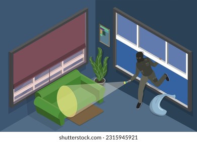 3D Isometric Flat Vector Conceptual Illustration of Robbery, Night Bulgar Intrusion into Apartment