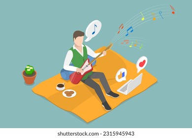 3D Isometric Flat Vector Conceptual Illustration of Home Concert Online, Music Virtual Class