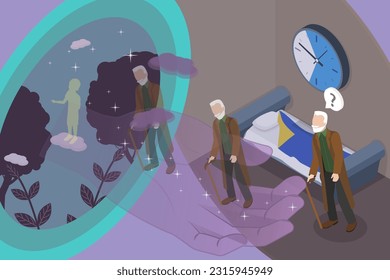 3D Isometric Flat Vector Conceptual Illustration of Death and Afterlife, Astral Trip