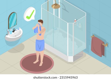 3D Isometric Flat Vector Conceptual Illustration of After Shower, Personal Hygiene and Healthcare