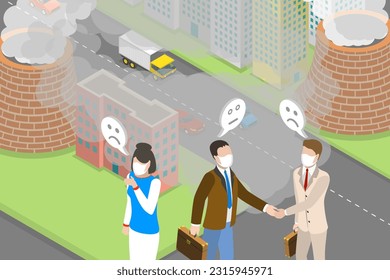 3D Isometric Flat Vector Conceptual Illustration of Polluted Air, Industrial White Smog Fog