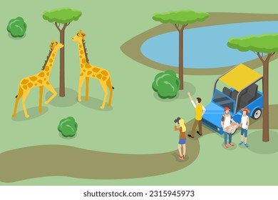 3D Isometric Flat Vector Conceptual Illustration of Safari, Tropical Tourism, Exotic Recreation