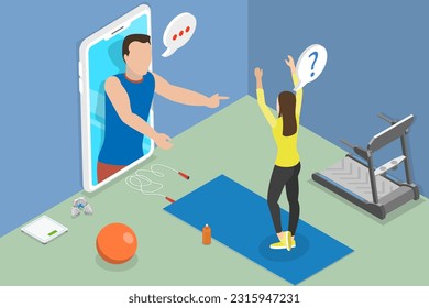 3D Isometric Flat Vector Conceptual Illustration of Online Coach, Fitness and Health